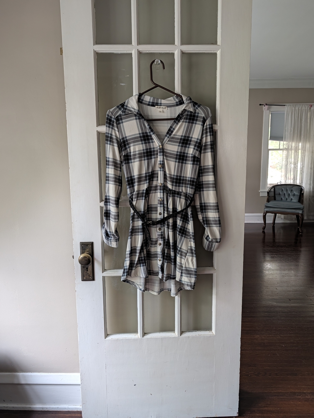 Derek Heart Women's Size S Black White Plaid Long Sleeve Dress With Belt Comfy